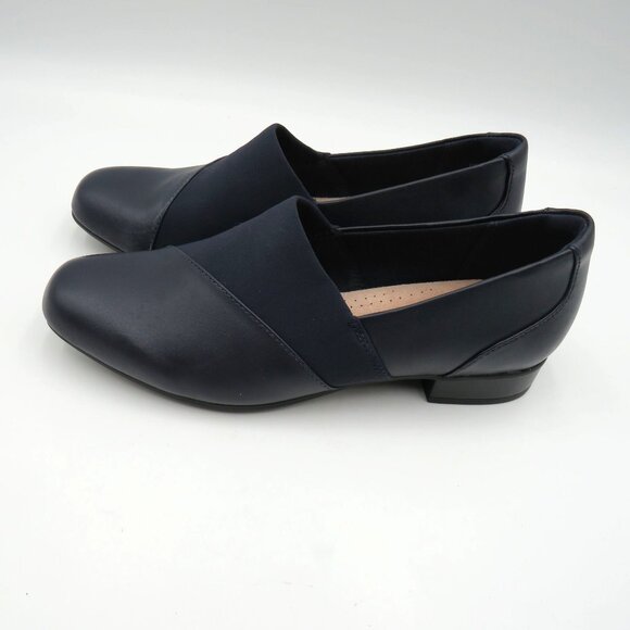 New Clarks Shoes Womens Size 7 Navy Blue Slip On Loafers Stretchy Upper Flats - Picture 2 of 10